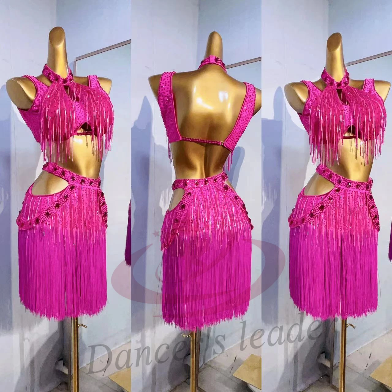 

Latin Dance Professional Dress High-end Custom Sexy Pink Hollow Tango Women Adult Standard Stage Professional Clothing