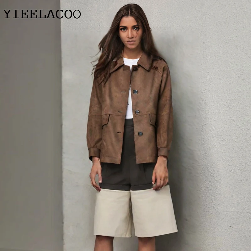 

Коричневая классическая женская куртка из искусственной кожи. Модное повседневное цельное пальто на весну/осень. Классическая универсальная куртка.