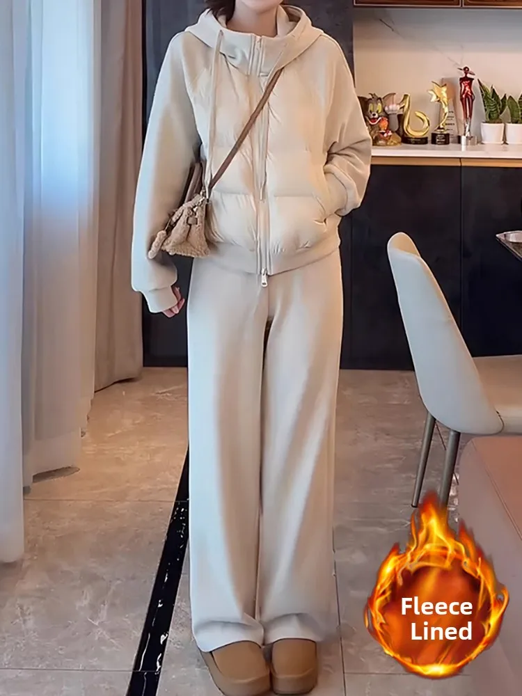 

Korean Sle Winter Warmth Hooded down Cotton Top And Casual Pants Two-Piece Set Women's Faionable Thiened Long Sve Zi...