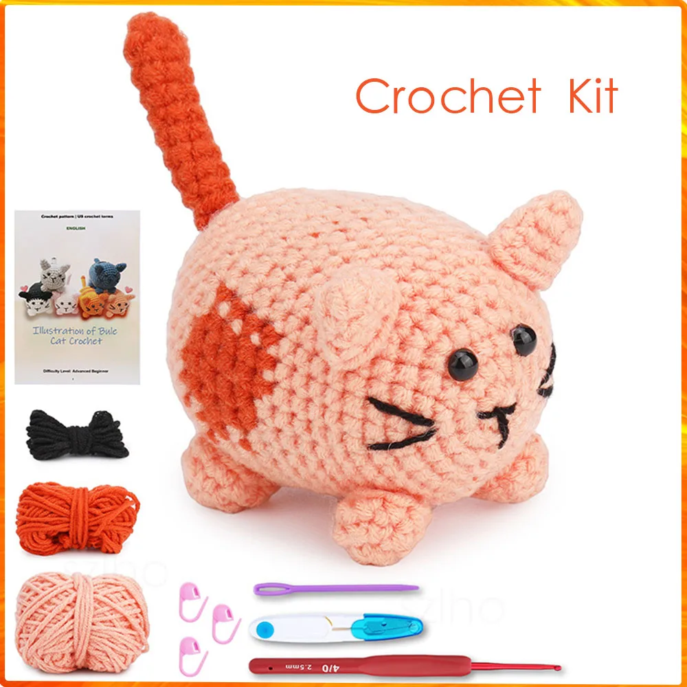 C6 Crochet Cute Cat Kit for Beginners With Video Tutorial Cotton Knitting Yarn Thread Needles Hooks Knit Tool Set DIY Craft