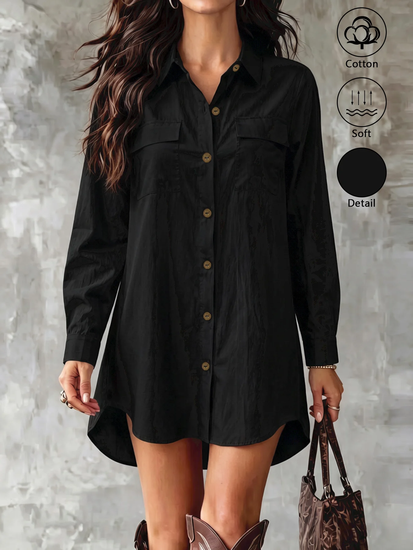 Women's 100% Cotton Long-Sleeve Shirt Dress Featuring a Collared, Button-Down Front, Chest Pocket, and a High-Low Hem.