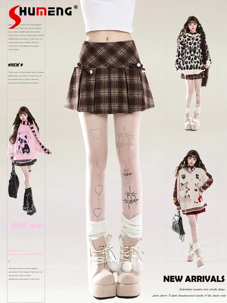 Preppy Style Retro Plaid Pleated Mini Skirts Women Winter High Waist Bow A-line Slim Sweet Cool Girl Versatile Jk Short Skirt