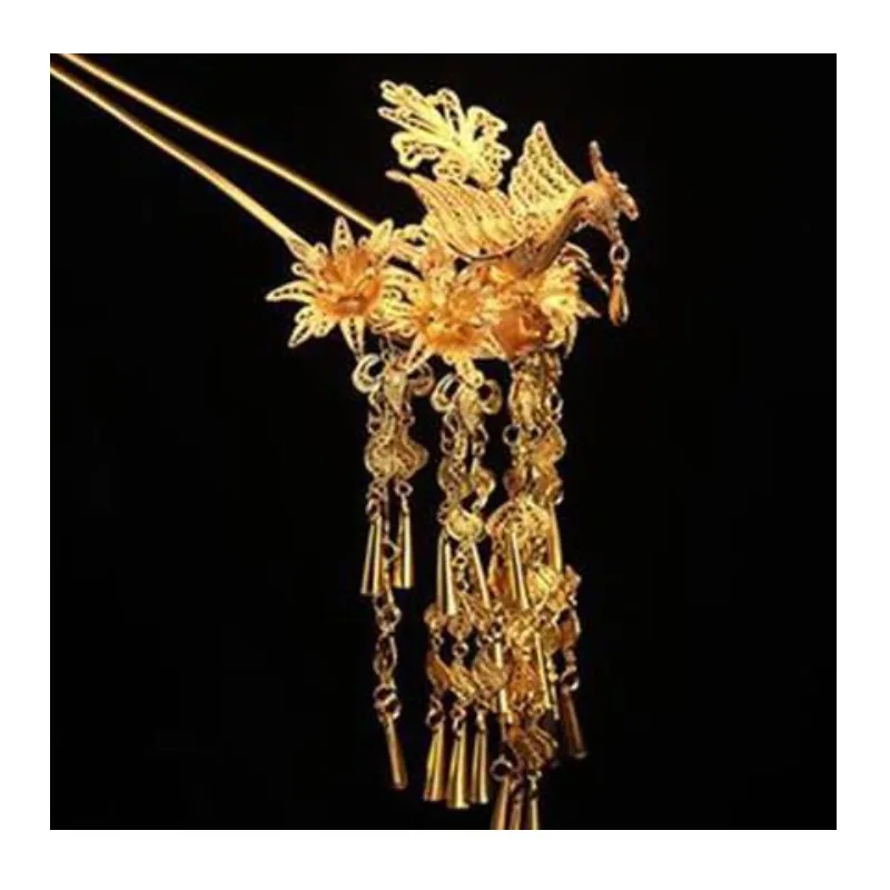 

Nian Muxi Flower Silk Hanfu Wedding Accessories Headgear Phoenix Hairpin Step Tassel Hairpin Pure Copper Gold Plated