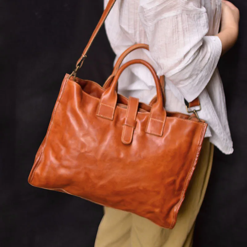 Leather Shoulder Tote Bag Retro Work Commute Large Capacity Soft Leather Zipper A4 Fits Neutral Style Business Casual Handbag