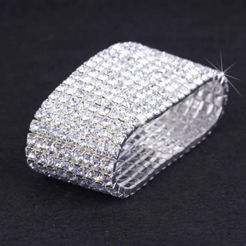 9-Row Rhinestone Stretch Bangle Bracelet Silver Plated and Gold Color Bridal Wedding Crystal Rhinestone Bracelets for Women