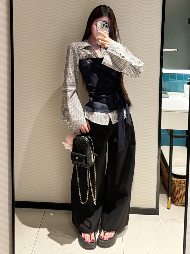 

American Style Plaid Patchwork Fake Two-Piece Shirt Women's Summer Waist-Cinching Age-Defying Top Korean Style Slim Fit Long ...