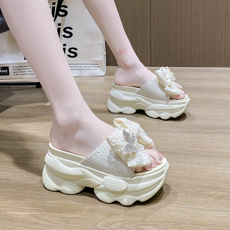 High Platform Slippers for Women Summer 2022 Fashion Bowknot Wedges Sandals Woman Outdoor Beach Thick Bottom Slides Green Shoes