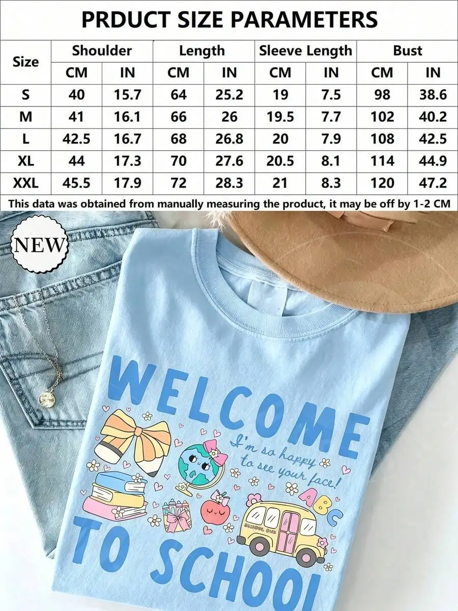 Women's Crew Neck Short Sleeve Casual T‑Shirt Retro Welcome To School Pastel Cute Bus Globe Apple for Elementary Teacher Preppy Back To School Student Graphic Print Tee Top
