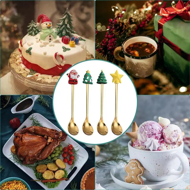 4pcs Christmas Coffee Spoons Forks Set Stainless Steel Spoon Forks Christmas Gifts Smooth And Sturdy Tableware Spoons Set