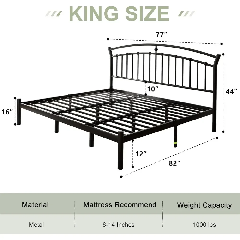 Czarna rama łóżka, wytrzymała metalowa rama łóżka z 13 listwami ze stali hartowanej, 12-calowy schowek pod łóżkiem, bezszumowa,