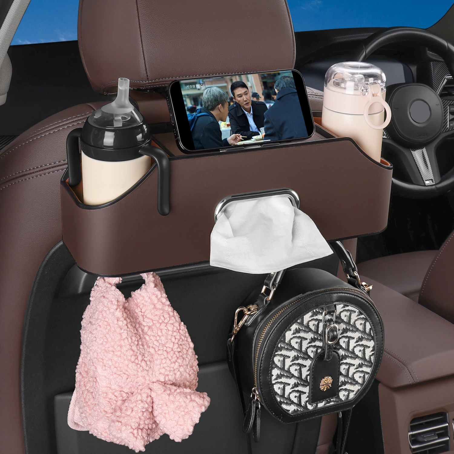 HOLDCY Car Back Seat Organizer with 2 Cup Holders, Tissue Storage, Brown Rigid ABS Frame With Pu Leather, Dual Hooks And Tool-Free Mounting For Cars, Suvs And Trucks With Separate Headrest Posts
