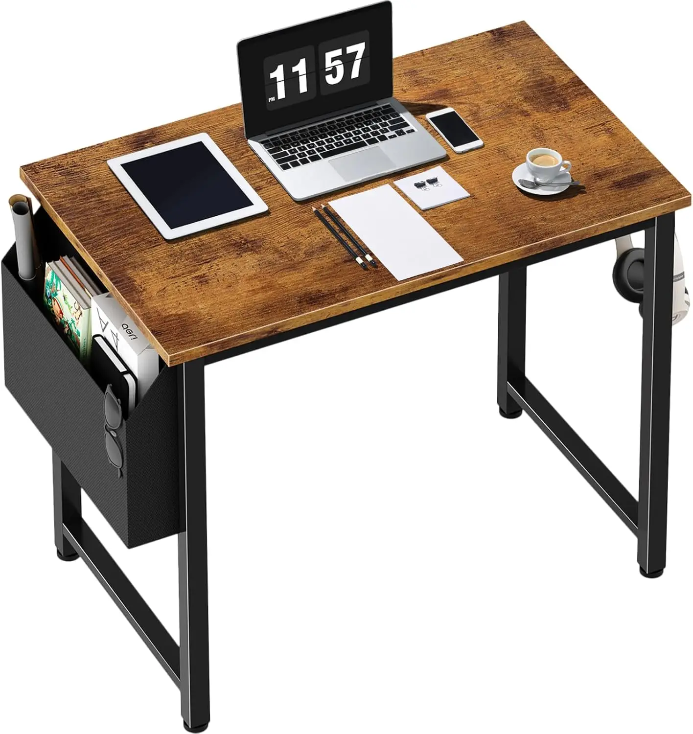 

Компактный компьютерный стол с сумкой для хранения и крючком для наушников, коричневый в деревенском стиле для небольших помещений, домашнего офиса