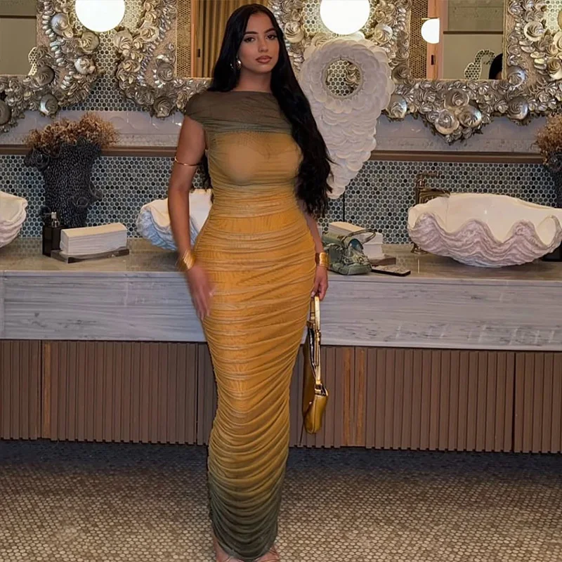 

Stylish Lady Gradient Color Mesh Dress 2025 Summer Women Short Sleeve Off Shoulder Bodycon Mesh Elegant Club Party Draped Dress