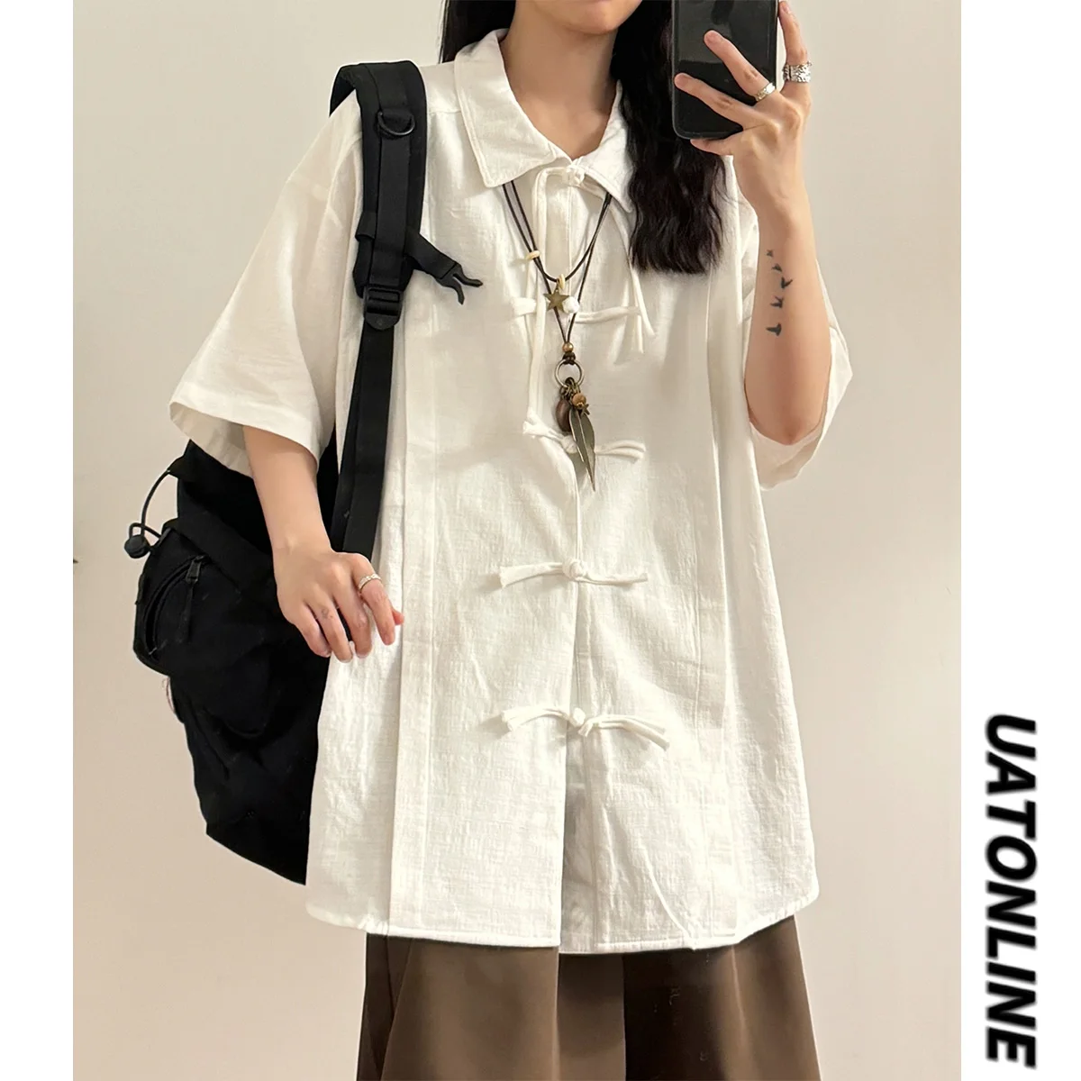 

UATONLINE2025 Летняя новинка: женская футболка в американском ретро-китайском стиле, однотонная, с коротким рукавом, модная, уличный стиль, свободный крой