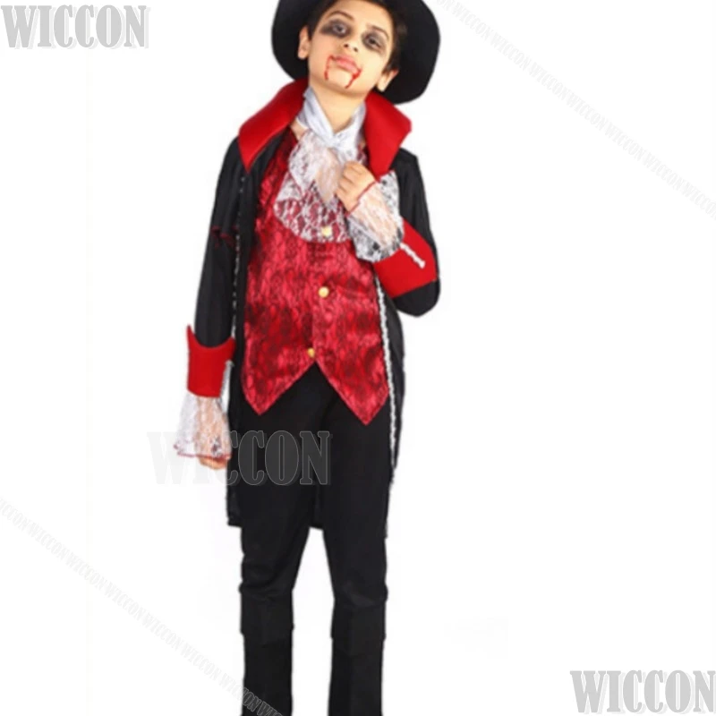 Fantasma Horror para Crianças, Cosplay Palhaço, Roupa Halloween, Chapéu de Decoração, Headwear, Vestido Uniforme Preto e Branco, Roupas Vampiras, 110-150cm