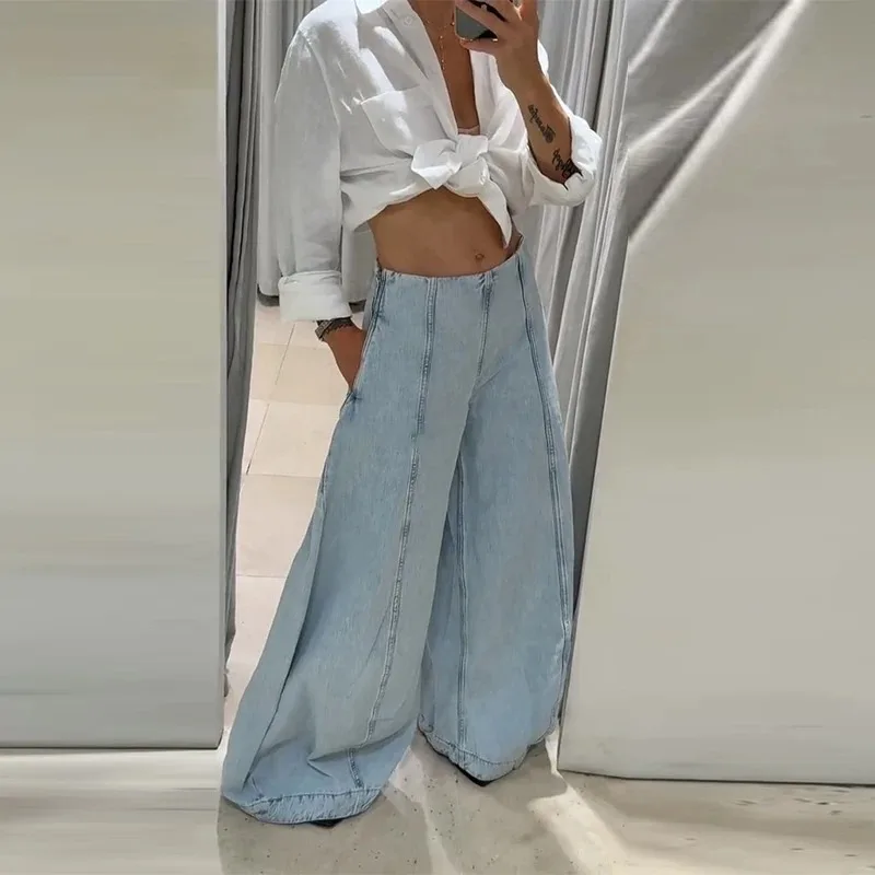 Street Pockets Flared Denim Trousers Women Blue Loose Low Waist Wide Leg Jeans 2025 Autumn Lady Chic All-match Commute Pants