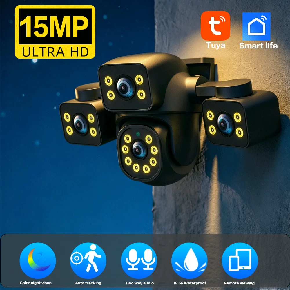 Caméra de sécurité IP Wi-Fi Smart Life 15MP HD 4K PTZ avec vision nocturne couleur, triple écran, triple objectif, suivi automatique, étanche pour surveillance extérieure, détection de mouvement intelligente Tuya, audio bidirectionnel, surveillance à domicile, visualisation à distance mobile