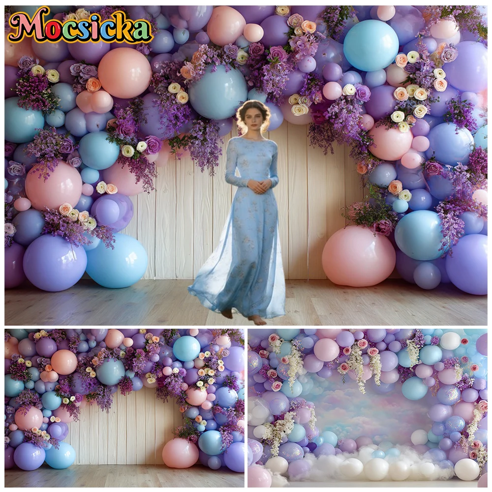 

Mocsicka Photography Background Wedding Birthday Purple Balloon Flower Wall Pattern Decors Portrait Photo Backdrop Studio Banner