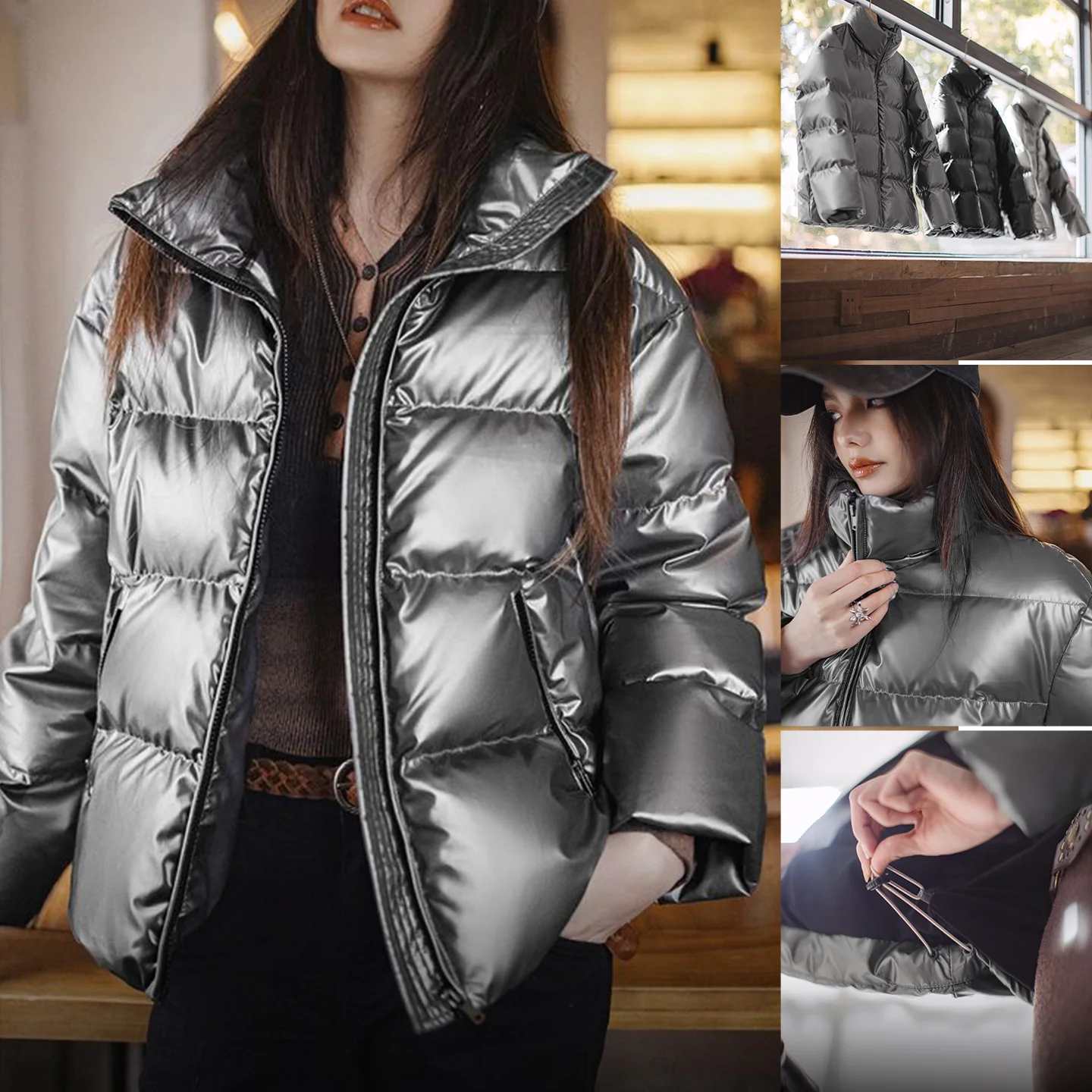 Maden Casual Shiny 90% White Duck Down Jacket Short Stand-up Collar Warm Puffer Jacket for Women Fall and Winter Thickened Coat
