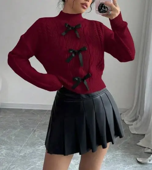 

2025 Round Neck Long Sleeved Cute and Sweet Bow Decoration Knitted Sweater, Autumn and Winter Slim Fit Girl's Style Sweater