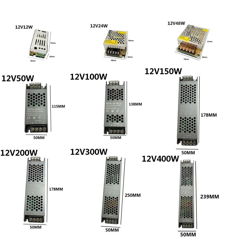 DC12V 24V Ultra cienki zasilacz światła LED 60W 100W 150W 200W 300W 400W Adapter transformatora do sterownika AC180V-260V COB LED Strip