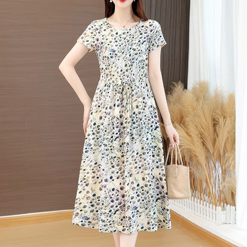 Womens Round Neck All Over Floral Print Waist Drawstring Short Sleeve Flowy Midi Dress