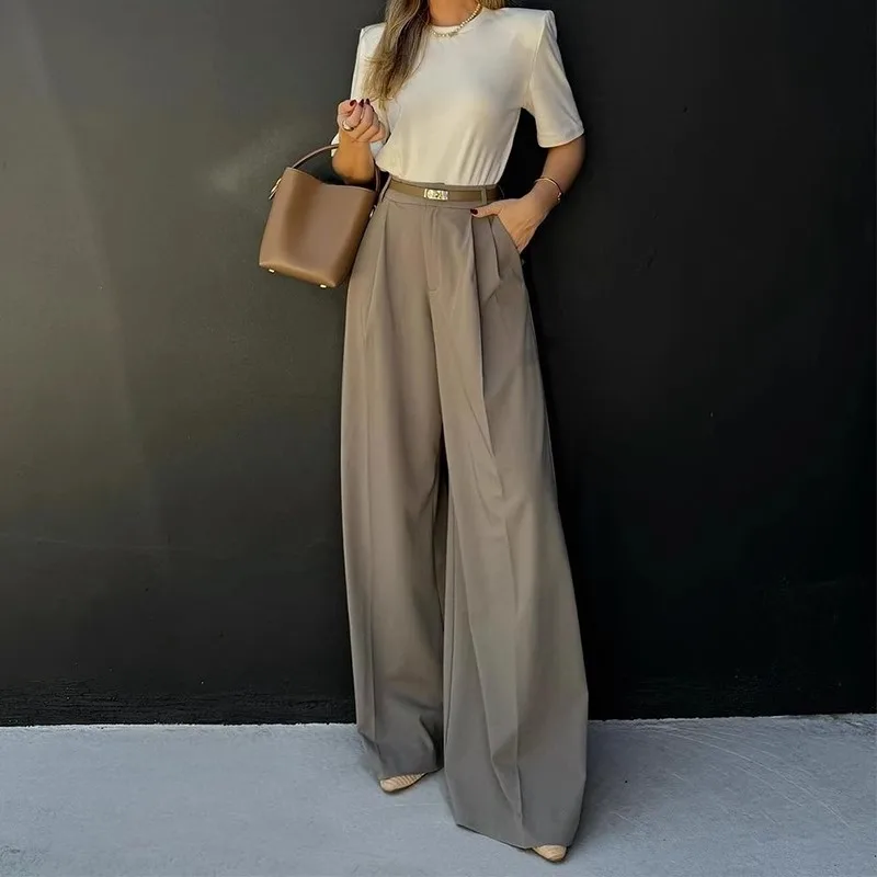 

High Waist Loose Wide Leg Pants Women Casual Trousers Long Straight Cut Pants Ele Ladies Suiting Autumn Faion