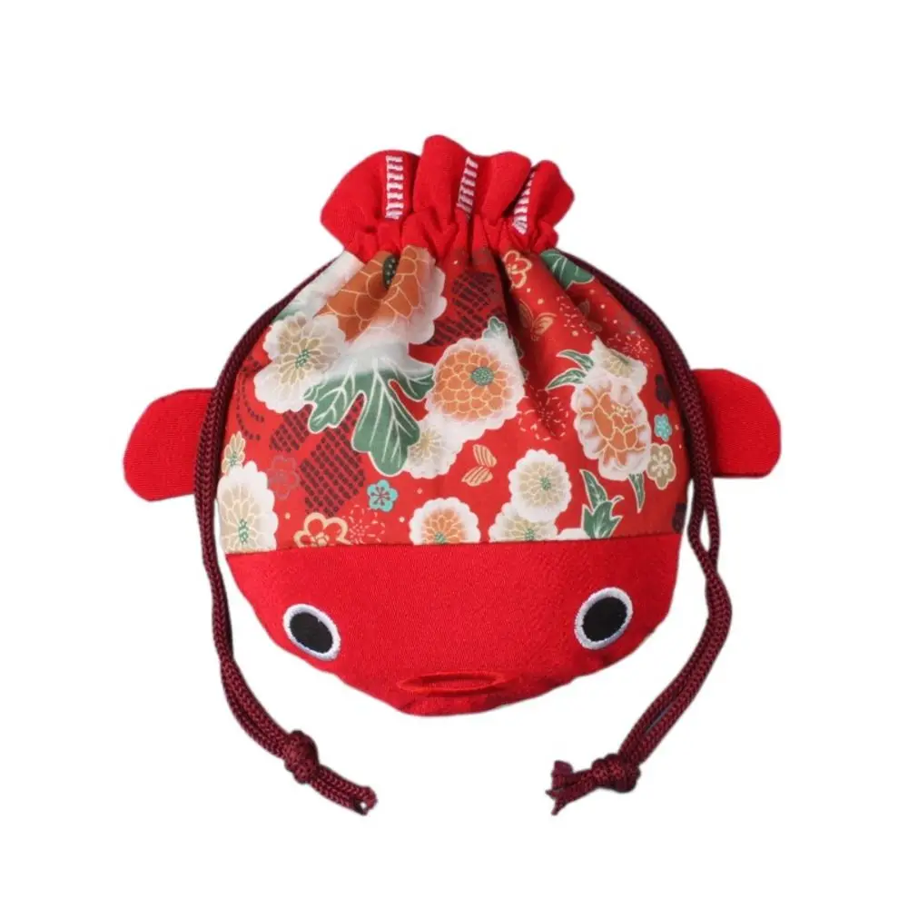 

Cartoon Animal Canvas Flower Drawstring Bag Red Color Bag Large Capacity Gold Fish Shape Handbag New Year Wrist Bag