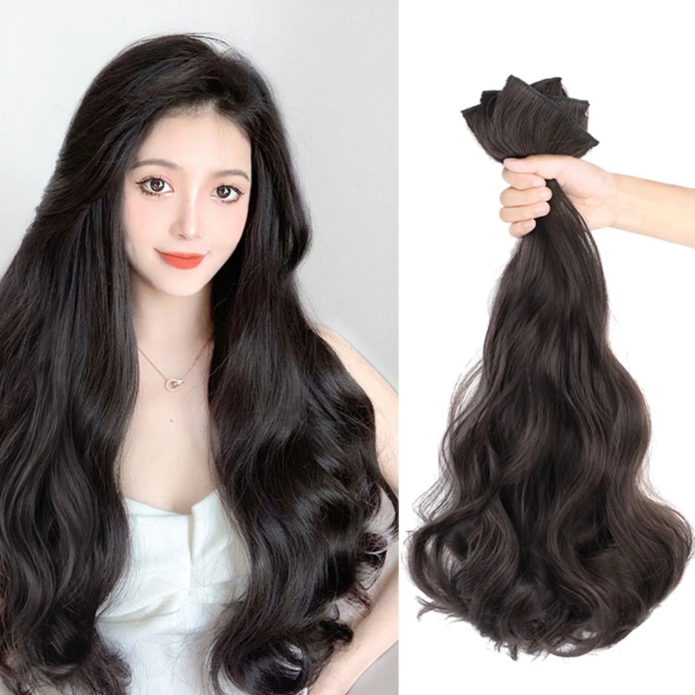 Clip in Hair Extensions Long Wavy Natural Black Synthetic Hair Extension for Asian Women 3PCS Thick Hairpieces Fiber Hair