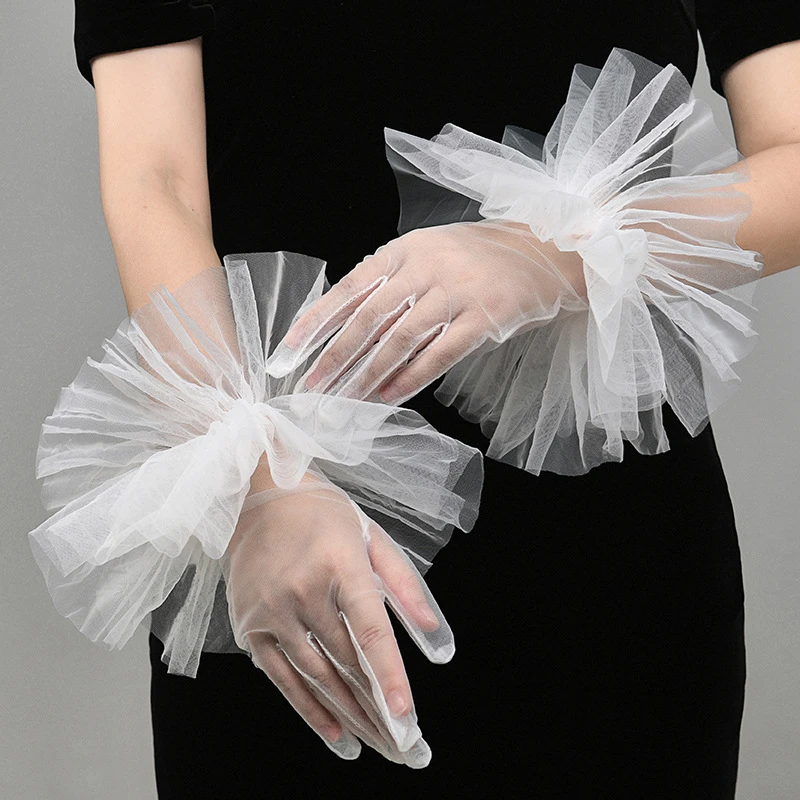 

Fashionable transparent Tulle Ruffle Gloves Thin Gauze Fairy Short Evening Gown Sexy Wedding Bridal Photo Gloves