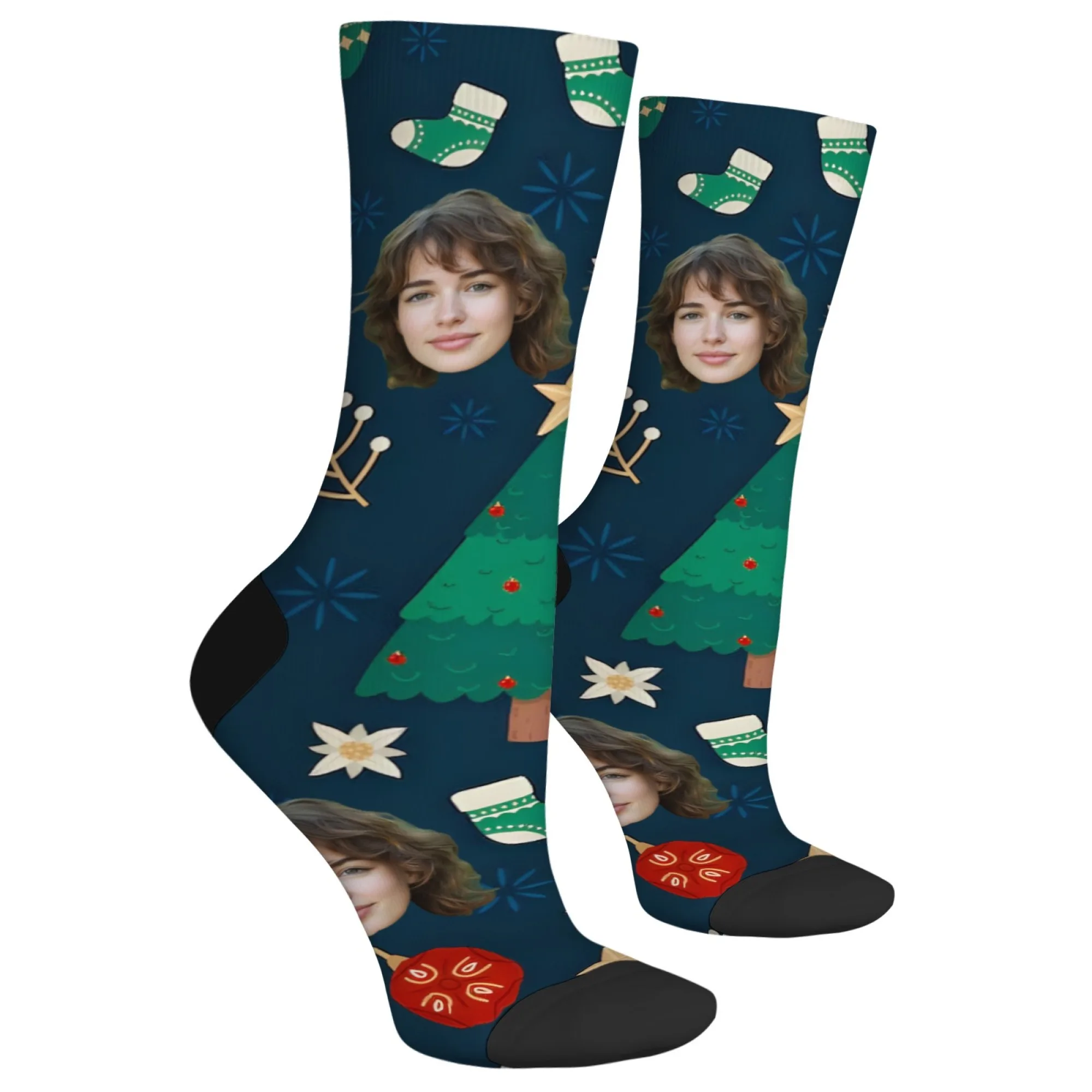 Personalized Christmas Gift Socks Custom Face & Christmas Elements Tree Socks Ornaments on Dark Blue Unique Present for Family