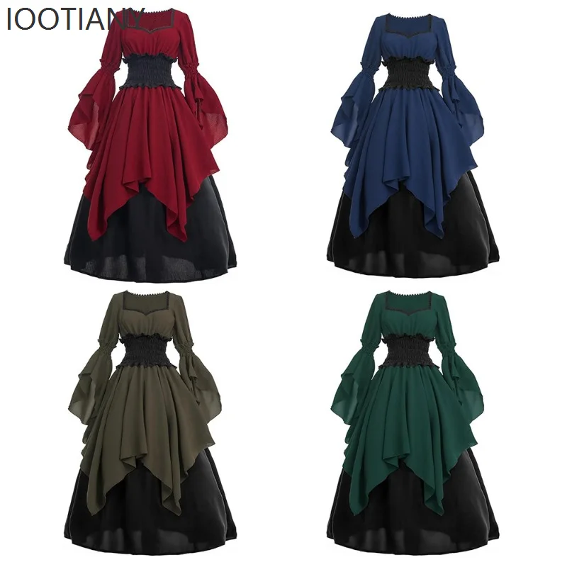 

IOOTIANY Halloween Women's Costume Long Sleeve Medieval Vampire Cosplay Retro Victorian Pirate Witch Elegant Bandage Dress 2025