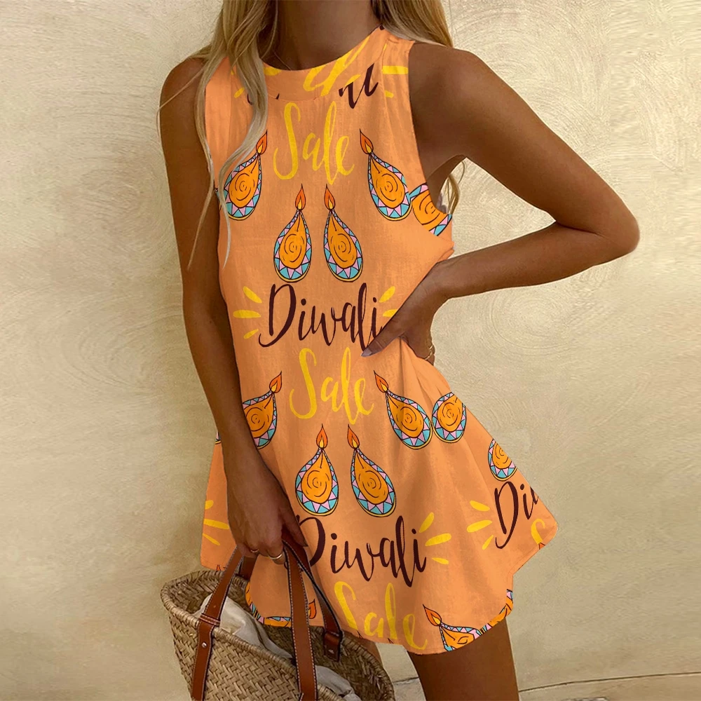 Orange Flame Casual Dresses Temple Offering Festival Round Neck Party Costumes Printed Dress Fashion Vest Sundress Women's