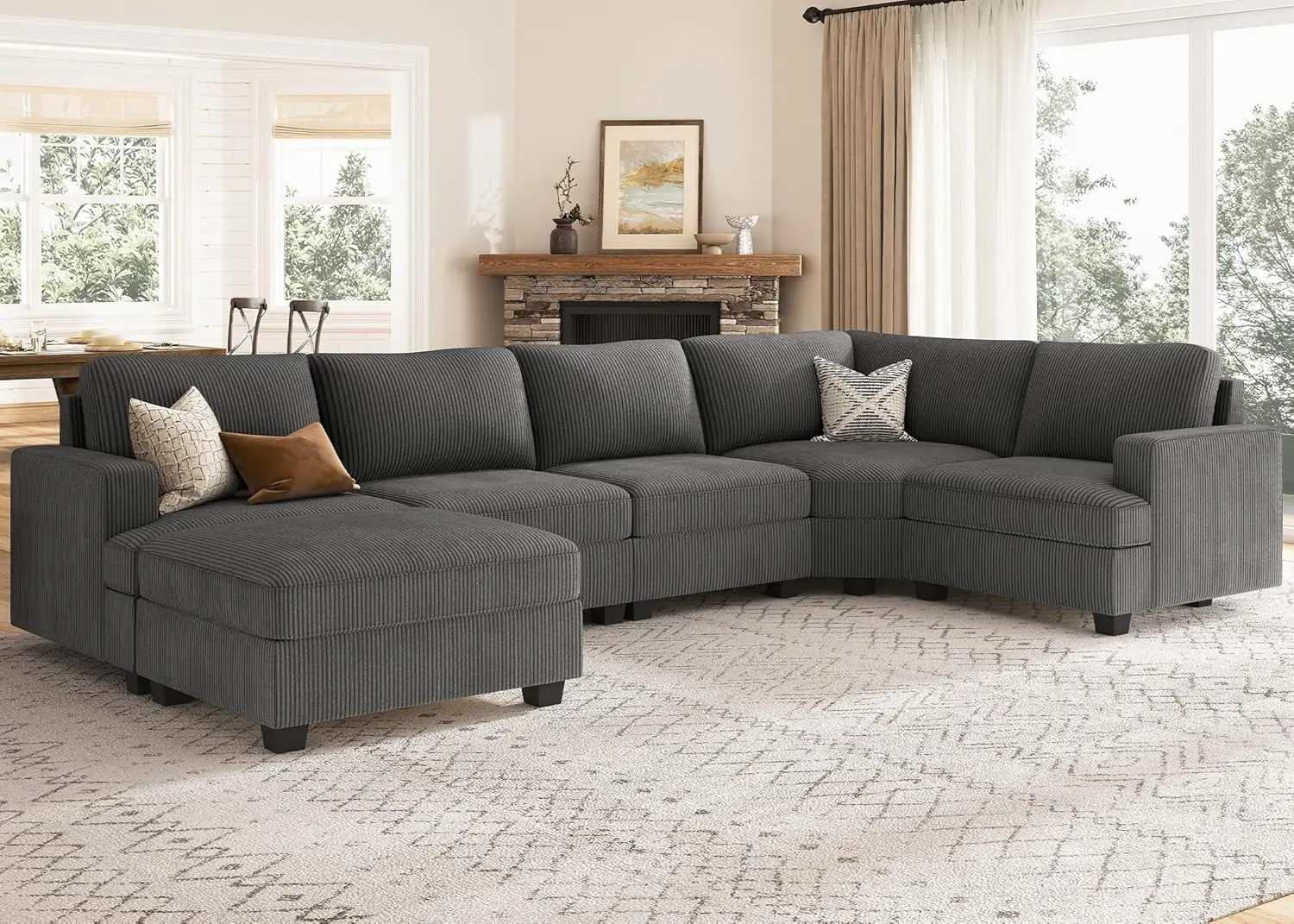 

Sofa with Storage Ottoman, U Shape Sectional Couch with Chaise, Corduroy Modular Sectional Couch for Living Room