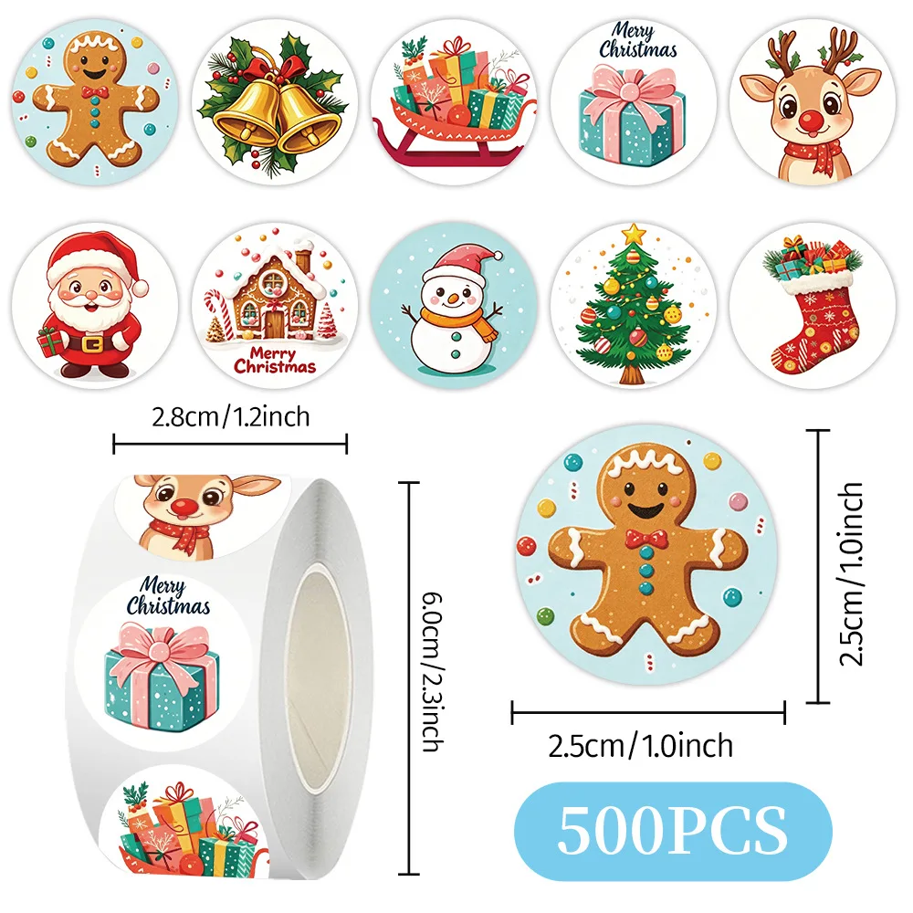 500PCS/Roll Christmas Stickers, Round Self-Adhesive Sealing Labels for Gift Boxes Bags, Xmas Party Favors DIY Decor