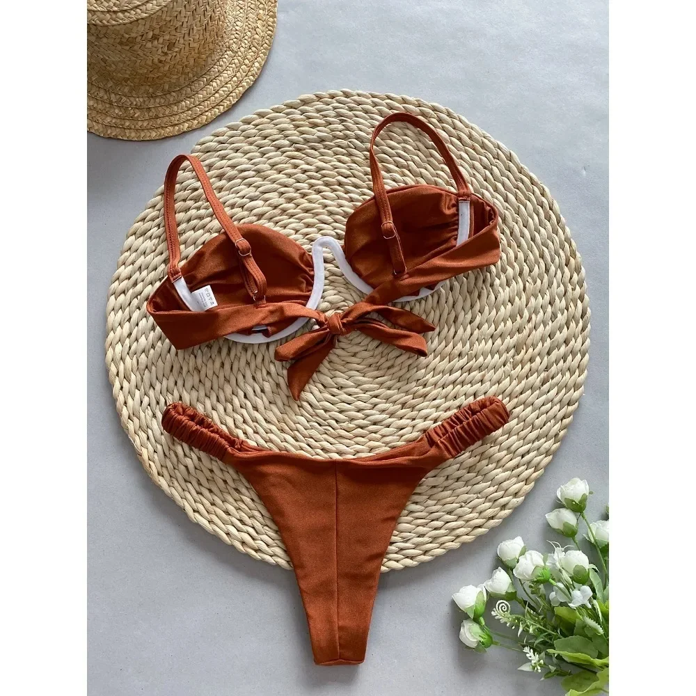 Seksowne bikini w kwiaty 3D 2024 Kobiety Czarny Biały V Drut Fiszbiny Micro Mini Strój kąpielowy Plaża Strój kąpielowy Plisowane Stringi Stroje