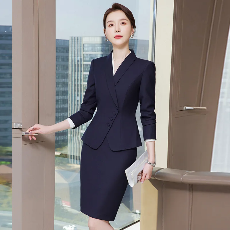 Womens Suit Skirt Sets Heart Button Blazer Skinny Skirt Formal Women\'s Suit Sets for Business Navy Blue Elegant Work Uniform