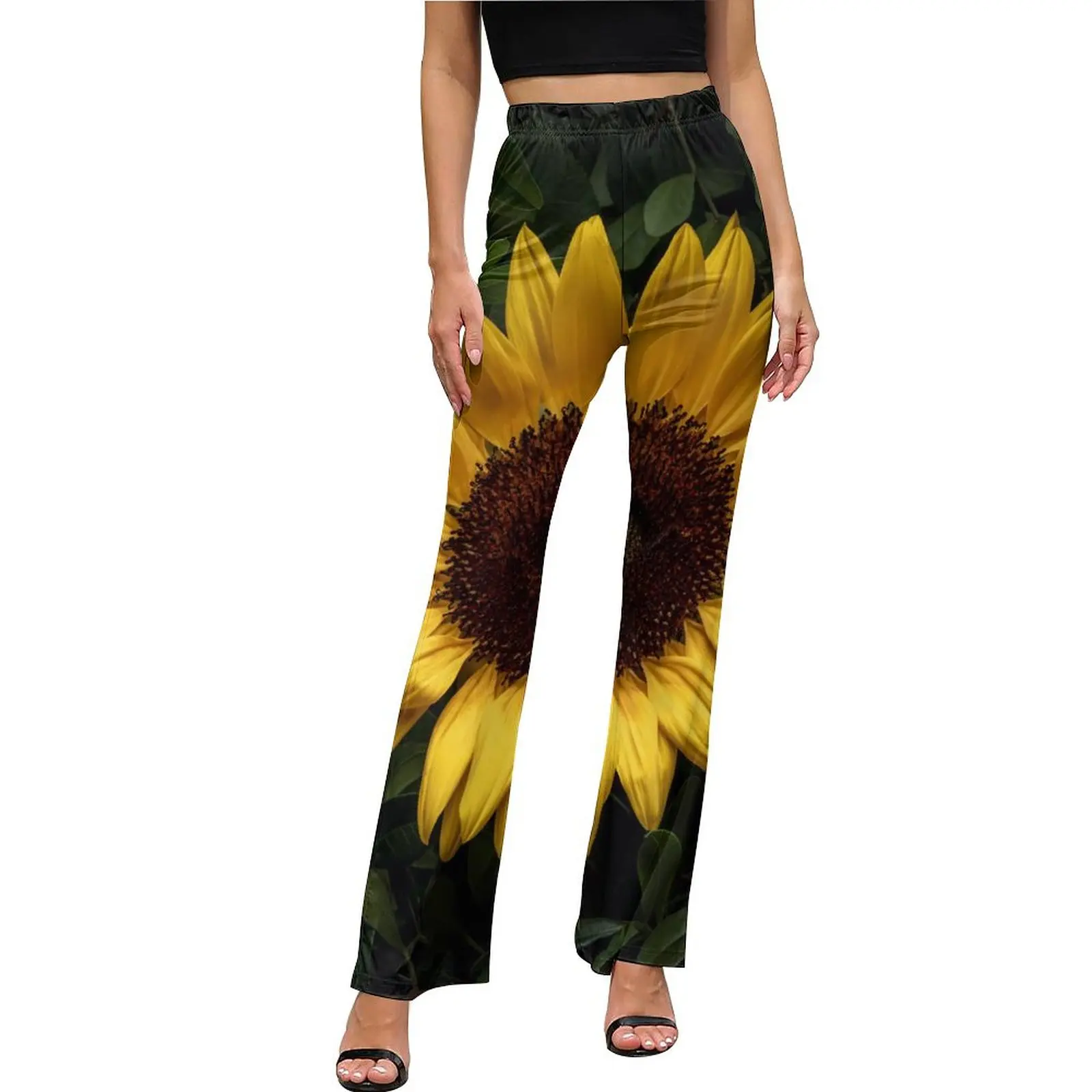 

Yellow Sunflower Print Casual Pants Woman Green Leaves Slim Aesthetic Flared Pants Summer Elegant Design Trousers