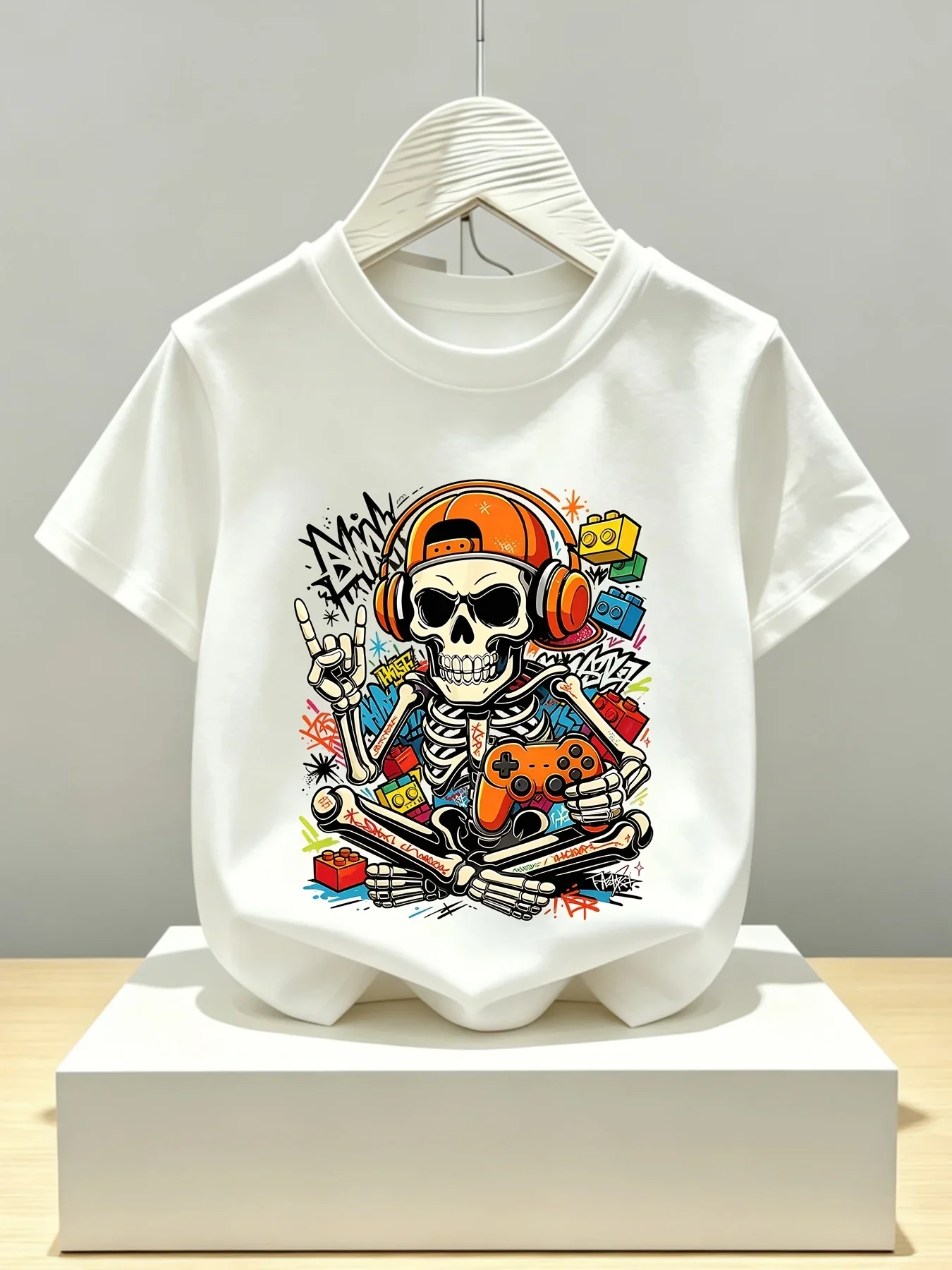 Kids Skeleton Game Creative Block Print T-Shirt Short Sleeve Soft Breathable Skin-friendly Comfortable Casual round Collar Top