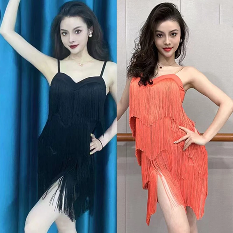 

2023 Latin Dance Dress Women Sexy Competition Dress ChaCha Rumba Dance Costume Black Orange Fringe Dress Club Dancewear DNV17361