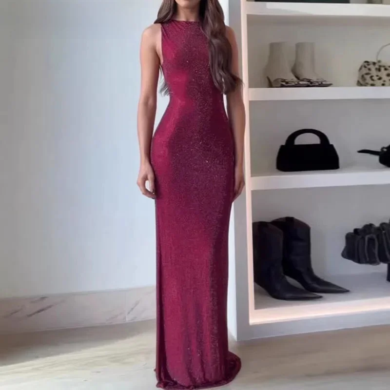 

Robes For Woman Sexy Sequin Shiny Party New Elegant O Neck Hollow Slit Long Spring Summer Sleeveless Boho Maxi Dress