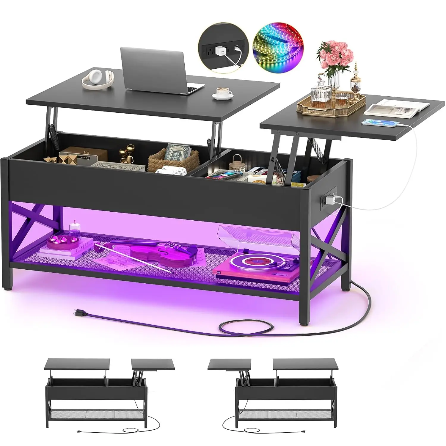 

Black Lift-Top Coffee Table with LED Light, Power Outlets and Storage Shelf, 41.7"W x 19.69"L x 19.7"H, Customized