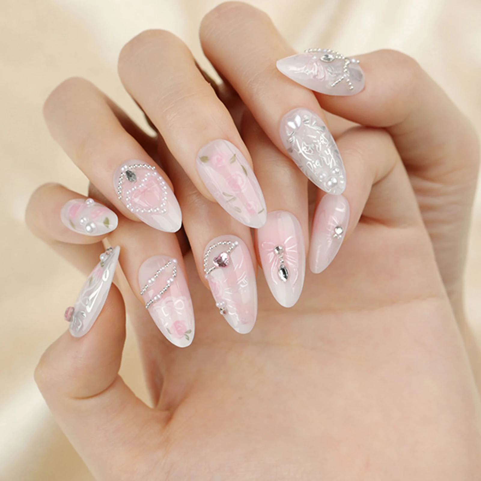 24PCS Glossy Pink False Nails Rhinestone False Nails Press On Nails Wearable Full Cover Nails Tips Women Acrylic Nail Tips