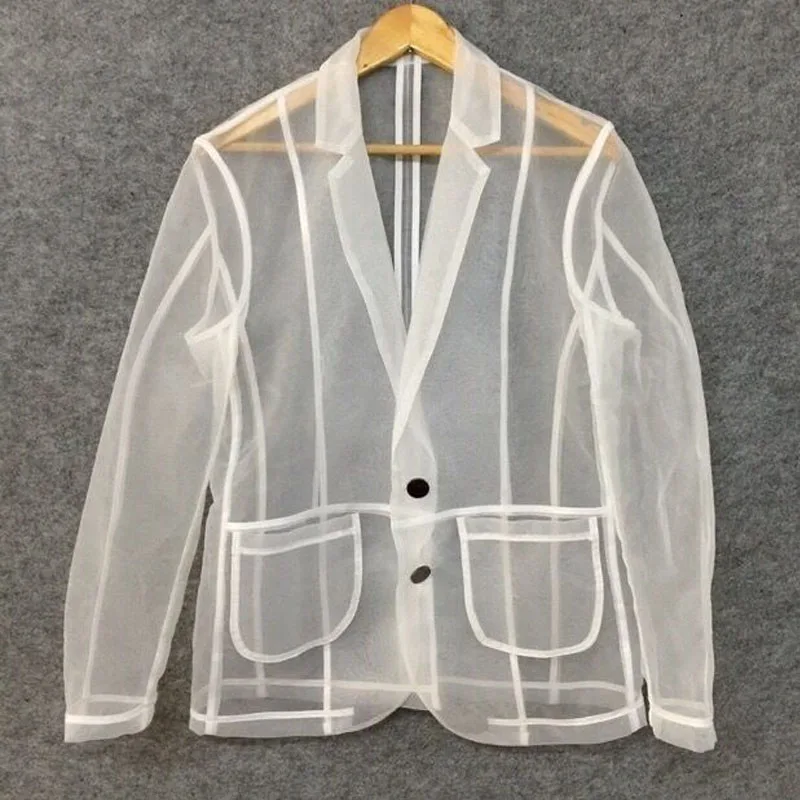 

Мужская сексуальная белая прозрачная тонкая легкая блестящая куртка из органзы, мужской повседневный пиджак, подиумная мода, живое шоу, выпускной певцы, прозрачный костюм