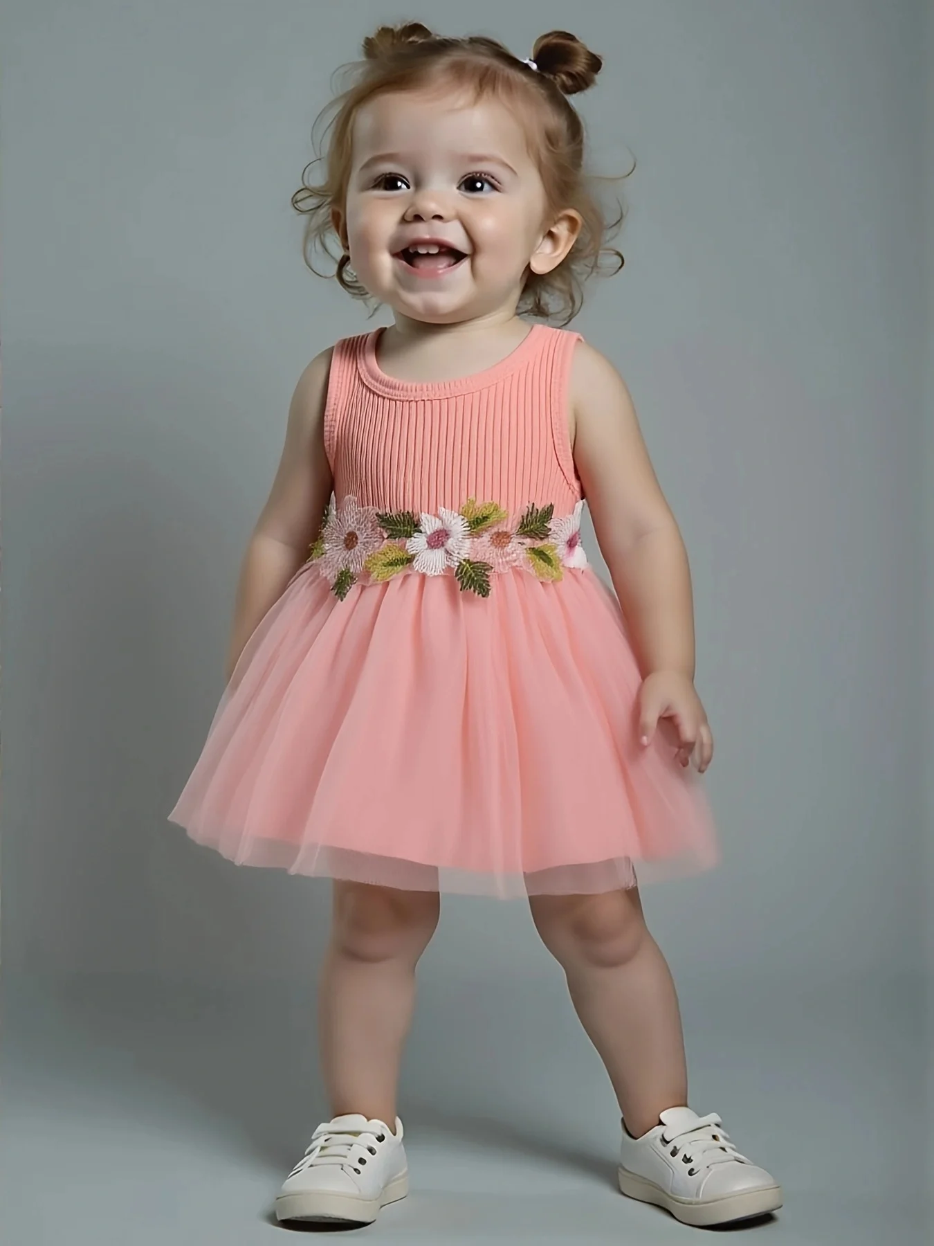 Soft Pink Knit Sleeveless Dress - 3D Flower Accent Tulle Skirt Girls Sweet Princess Outfit