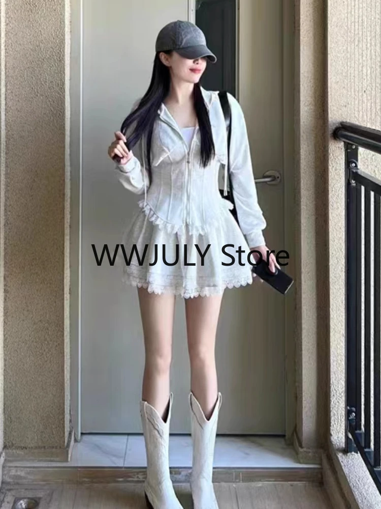 Korean Fashion Clothing Grey Lace 2 Piece Set Woman Casual Hooded Slim Coat + Slim Party Y2k Mini Skirt Elegant 2023 Autumn Chic