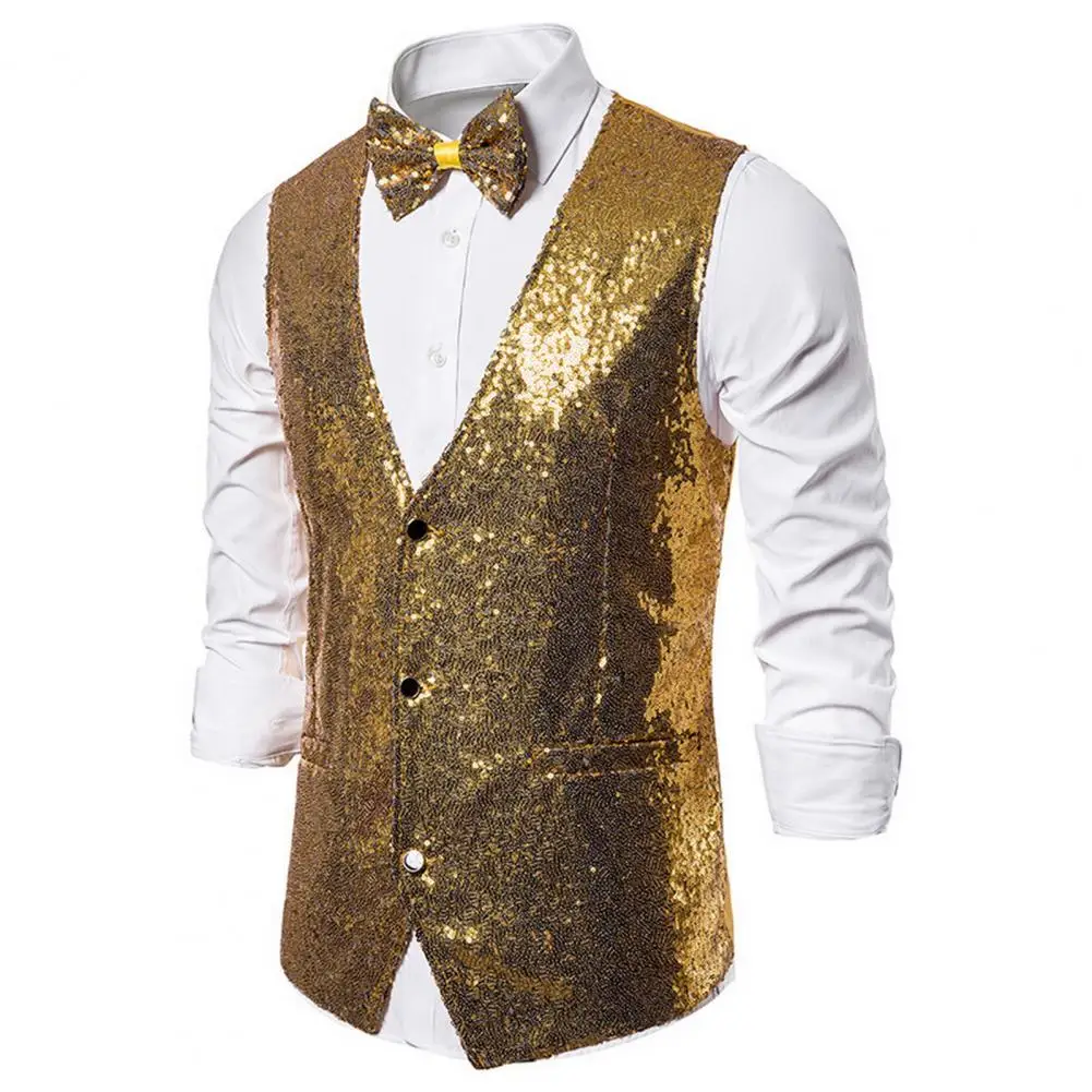 

Men Polyester Suit Vest Sequin Sleeveless Men's Vest Set with Bow Tie Slim Fit Cardigan for Stage Show Emcee Performance Solid