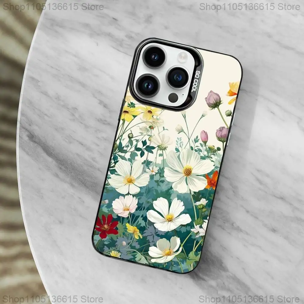 Pintura arte botânica caso de telefone para iphone 11,12,13,16,14,15, mini, pro,xs, max preto fosco capa à prova de choque