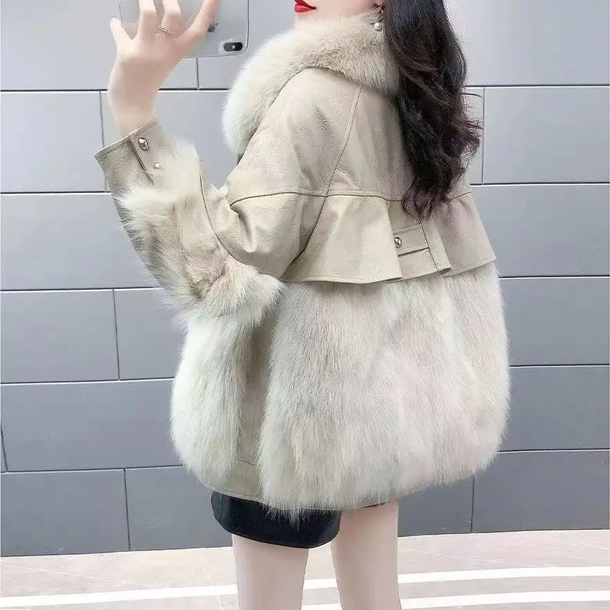 2025 Autumn Winter New Korean Academy Style Pu Leather Faux Fox Fur Mid-Length Thickened Cotton Coat Women - Off-White