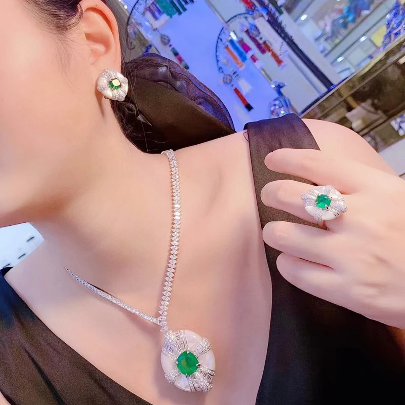 

White Sea Water Shell Earrings Ring Necklace With Green Zircon For Women Fine Jewelry 925Silver Free Shipping Cute Simple Style